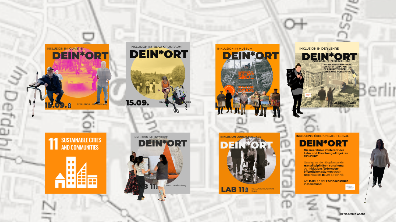 Im Hintergrund ist eine Karte von Dortmund zu sehen. Auf der Karte sind acht Quadrate zu sehen, die Bilder der vier Reallabore, der Filmkampagne im Projekt, der Lehre und Forschung sowie der am Projekt beteiligten Personen zeigen. Außerdem ist das Nachhaltigkeitsziel 11 abgebildet, sowie ein Quadrat mit Informationen zum Projekt.